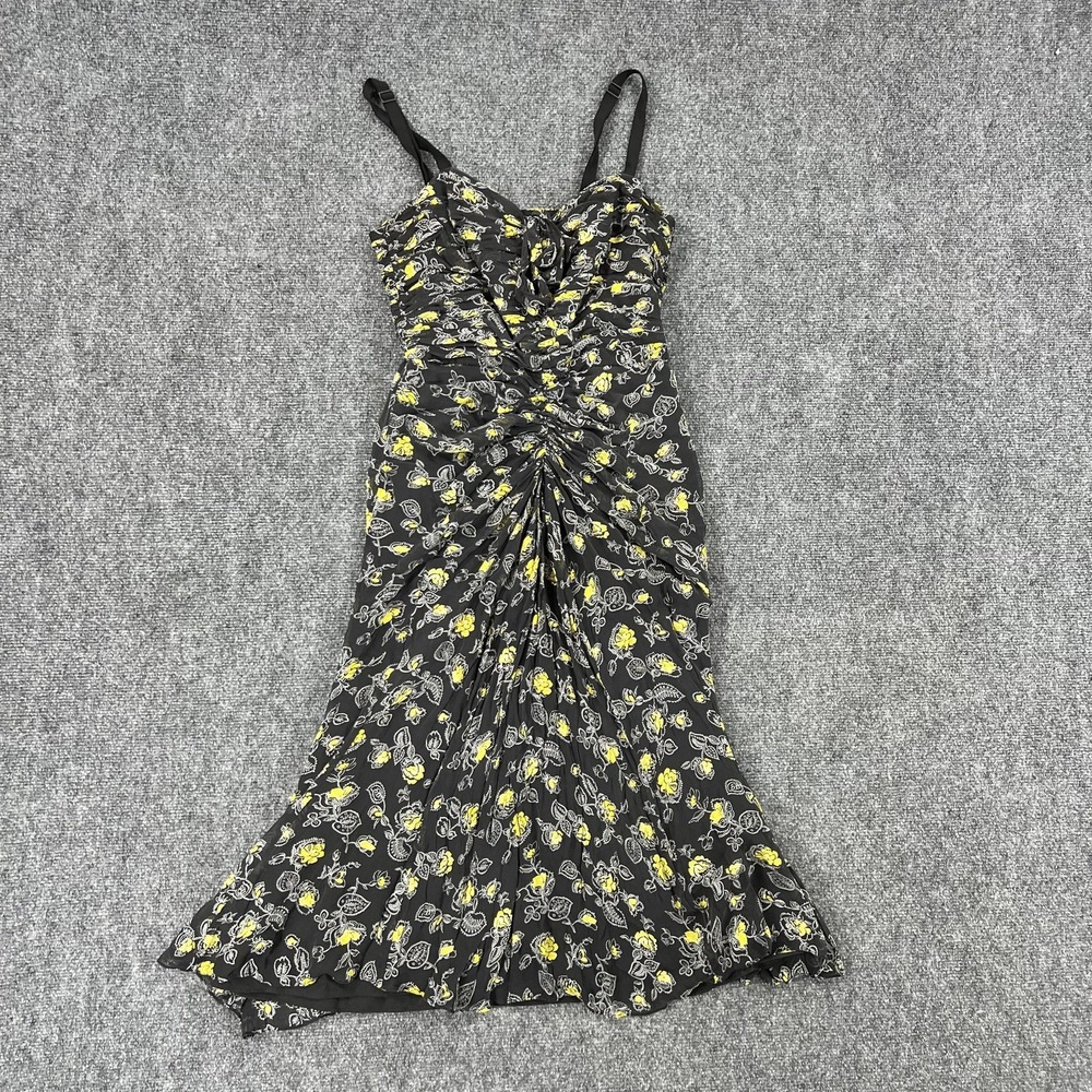 Cinq A Sept‎ Dress Womens Small Black Yellow Floral Silk Ruched Slip Midi